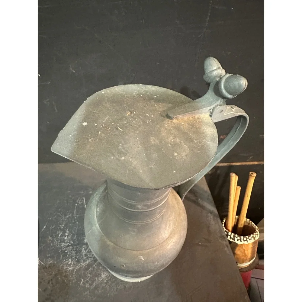 French Flagon Antique Pewter Pitcher Lidded‎ Wine Jug Acorn Thumbpiece Grey 8.5